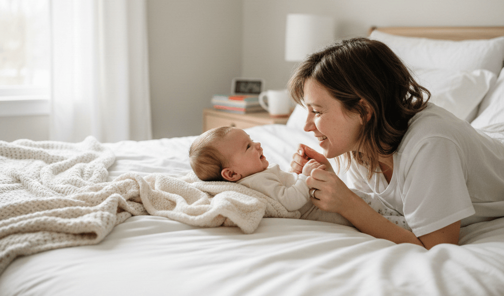new mom smiling with newborn on bed